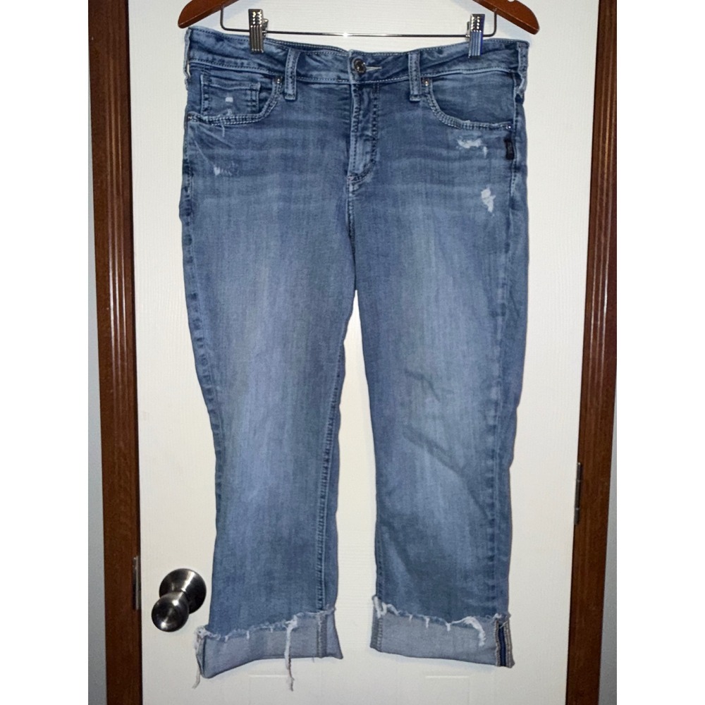 Silver Jeans Co Suki Capri W33 L23.5 Blue Distressed Mid Rise Denim L43920EGX239